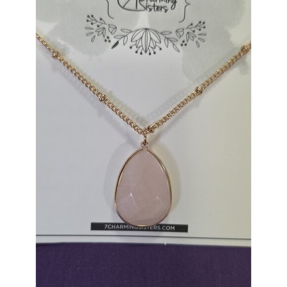 Rose Quartz Teardrop Pendant Necklace On Gold Tone Satellite Station Chain - Picture 2 of 9